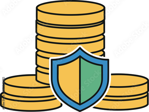 Illustration of stacked gold coins with a protective shield, symbolizing financial security and asset protection.