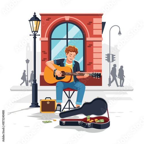 Young Musician Playing Acoustic Guitar on a Vibrant City Street