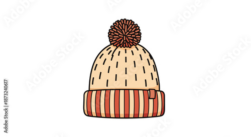 Cozy winter beanie hat with a large pom pom and a striped cuff presented in a simple and colorful vector illustration.