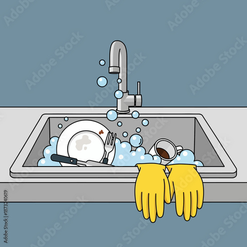 Washing dishes in a kitchen sink with rubber gloves