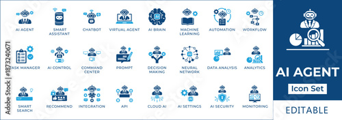 AI agent and artificial intelligence icon set featuring chatbot, virtual assistant, machine learning, neural network, automation, smart prompt, and digital brain symbols.