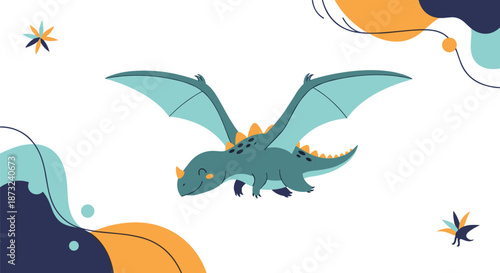 Cute cartoon illustration of a flying pterodactyl dinosaur with large wings and a friendly expression in a modern flat style.