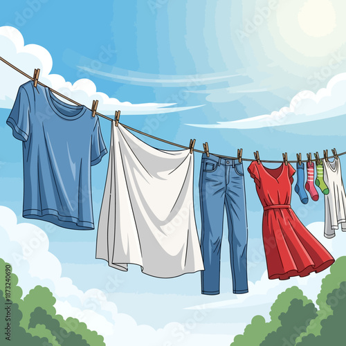 Bright Sun and Fresh Breeze Dry Colorful Laundry on an Outdoor Clothesline