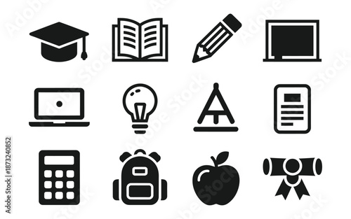 Educational icons set with laptop, book, and apple
