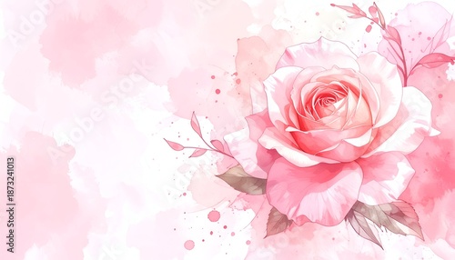A delicate pink rose with soft watercolor splashes creating a serene floral background