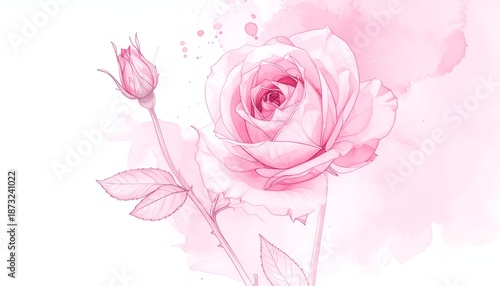 A delicate pink rose and bud surrounded by soft watercolor splashes, portraying elegance and grace