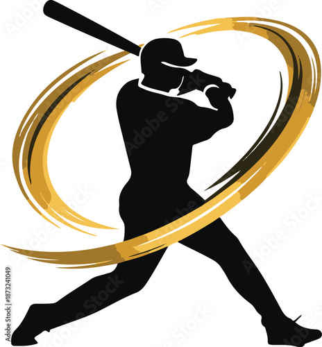 Silhouette of a baseball player swinging a bat with golden abstract brush strokes forming a circle on a white background