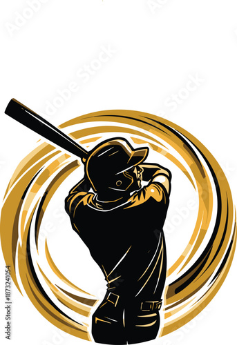 Silhouette of a baseball player swinging a bat within a swirling golden and black design vector illustration