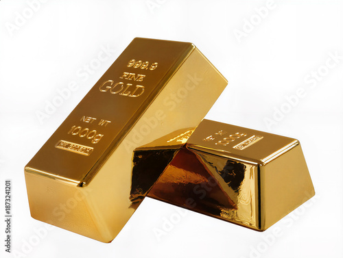 Two 999.9 fine gold bars 1000g weight isolated on white background.