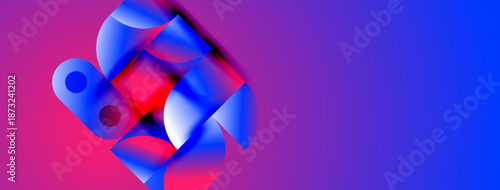 Abstract shapes blend vibrant pinks, blues, reds. Gradient background creates dynamic visual impact. Modern design elements present.