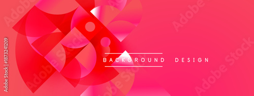 Abstract geometric shapes, vibrant pink hues, modern design. Background features overlapping circles, gradients, text elements.