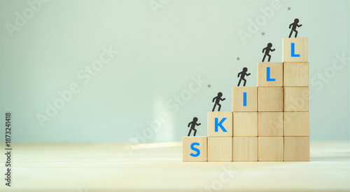 Wooden blocks with blue letters spelling skills and people climbing up them in a conceptual illustration