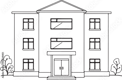 Dormitory Building Hand-drawn Sketch Drawing Vector Illustration, Line Linear Symbol Engraving Coloring Book, Black and White Isolated