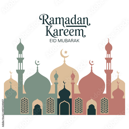 Ramadan Kareem and Eid Mubarak Islamic City Vector Illustration in Muted Colors