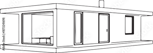 Modular House Building Hand-drawn Sketch Drawing Vector Illustration, Line Linear Symbol Engraving Coloring Book, Black and White Isolated