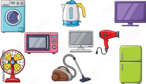 Cartoon Household Appliance Vector Set Featuring Washing Machine, Kettle, TV, Microwave, Fan, Vacuum, Fridge, and More