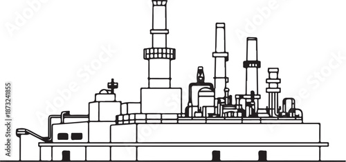 Oil Refinery Hand-drawn Sketch Drawing Vector Illustration, Line Linear Symbol Engraving Coloring Book, Black and White Isolated