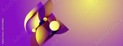 Abstract shapes blend purple, yellow hues. Fluid forms create dynamic composition. Gradient background adds depth, visual interest.