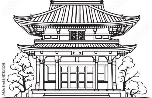 Shrine Spiritual Religious Building Hand-drawn Sketch Drawing Vector Illustration, Line Linear Symbol Engraving Coloring Book, Black and White Isolated