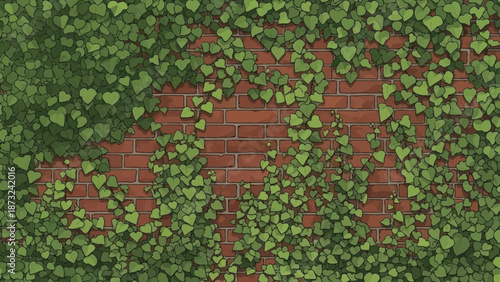 Brick wall covered with green ivy leaves
