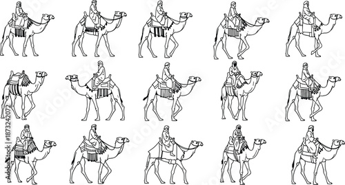 Camel, rider, set, desert, caravan, travel, arab, nomad, culture, tradition, journey, silhouette, line, art, black, white, cad, drawing, flat, vector