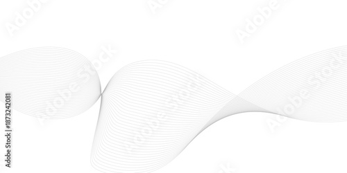 Dynamic abstract curved grey waves with soft transparent layering sweep across a white canvas, forming a refined line-art pattern that enhances technology visuals, corporate graphics, data dashboards,
