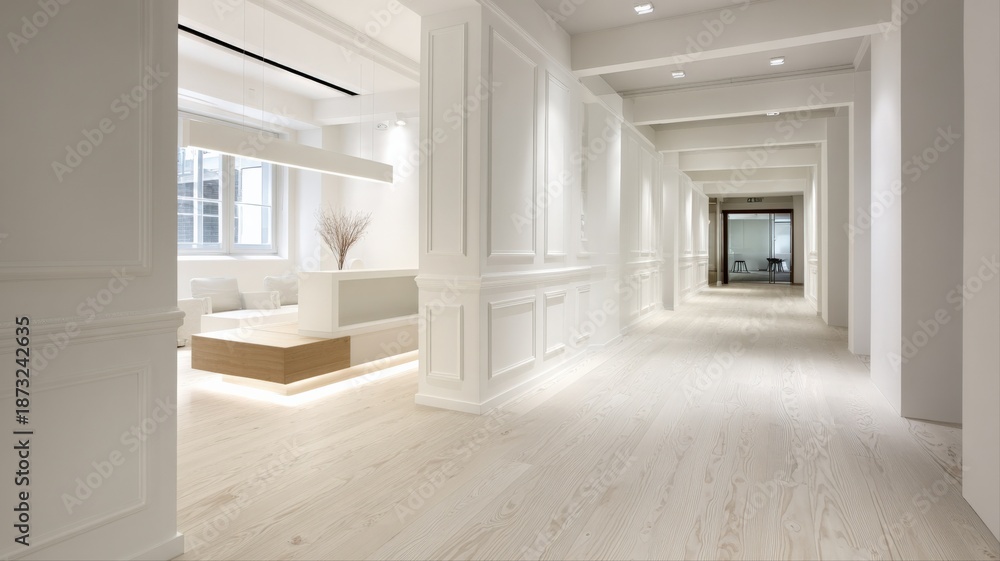 Obraz premium Elegant White Interior Architecture Featuring Columns, Detailed Paneling and Wood Flooring in a Modern Design