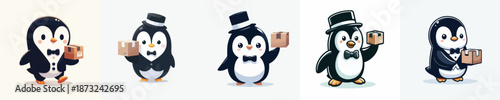 cute penguin vector carrying cardboard