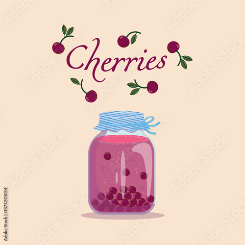 Vector illustration of a glass jar with cherry compote and inscription cherries