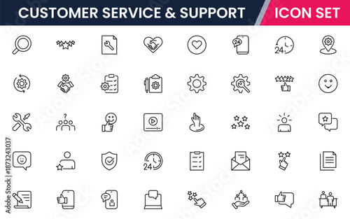 Customer service icons depicting support, assistance, communication, call centers, help desks, satisfaction, feedback, solutions, responsiveness.