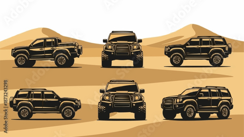 Collection of Off Road Vehicles in Desert Landscape.