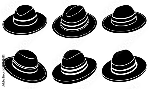 Five Black and White Striped Fedora Hats with Transparent Background