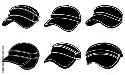 Six black and white striped caps with transparent background