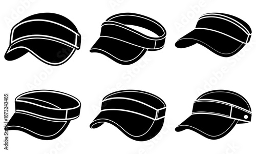 Six Black and White Striped Caps with Visors in Different Angles on White Background hats