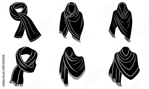 Six Different Scarf Wrapping Styles Illustrated in Black and White on White Background scarves fashion