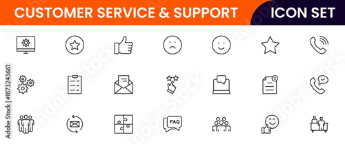 Customer service icons depicting support, assistance, communication, call centers, help desks, satisfaction, feedback, solutions, responsiveness.