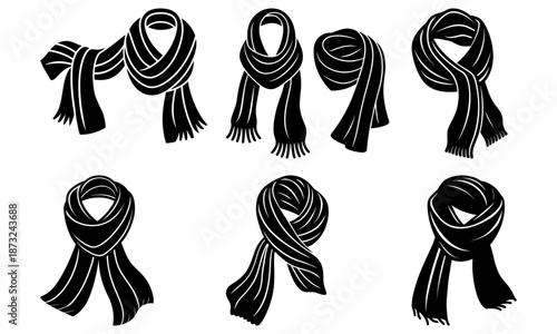 Six Different Scarf Knot Styles Illustrated in Black and White on Transparent Background scarf styles