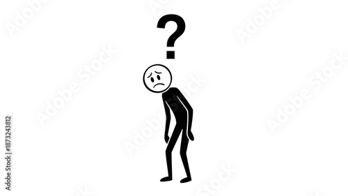 Depressed Stick Figure Person with Question Mark Above Head Looking Down, Feeling Low, on Isolated White Background.