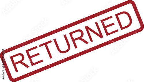 A red rectangular textured rubber stamp with the word RETURNED diagonally placed on a white background