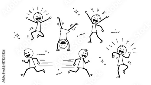 Group of happy and energetic stick figure children celebrating and playing in bright studio.