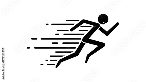 Fast Running Stick Figure Person with Dynamic Motion Lines, Moving Quickly, on Isolated White Background.