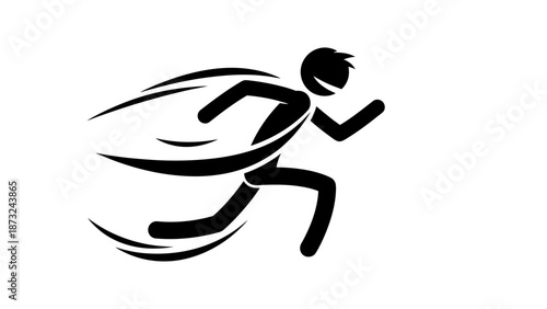 Fast running stick figure man with speed lines on an isolated white background.