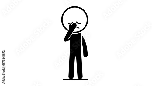 Sad stick figure man crying and wiping tears on an isolated white background.
