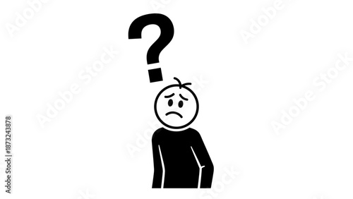 Sad Stick Figure Person Feeling Depressed with Question Mark Above Head, on Isolated White Background.