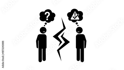 Stick figure men with question and storm cloud bubbles representing conflict and communication breakdown in bright studio.