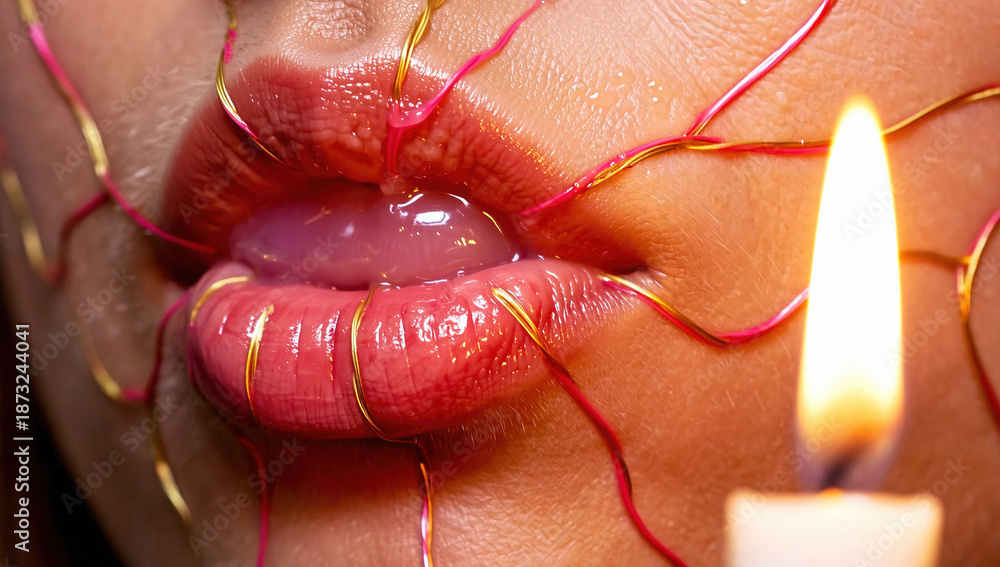 Fototapeta premium Close-up of lips with red and gold threads and a lit candle flame nearby