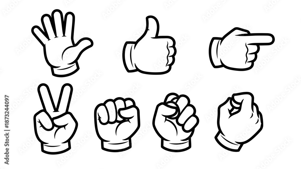 Fototapeta premium Collection of Bold Hand Gesture Icons Including Thumbs Up, Peace Sign, and Fist on Isolated White Background