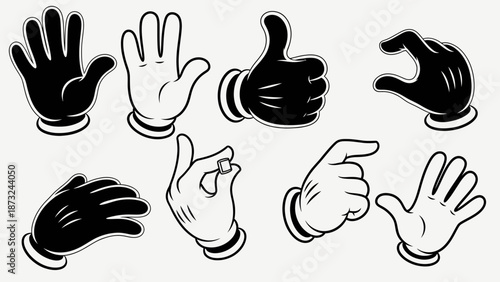 Set of filled black cartoon hands in various gestures including thumbs up, pointing, open palm, and okay sign, on light grey background.