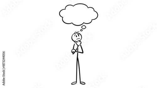 Stick figure person thinking with a cloud thought bubble above their head, contemplating a problem with a worried expression on isolated white background.
