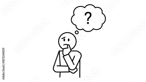 Thoughtful cartoon stick figure contemplating with question mark in thought bubble, on isolated white background.